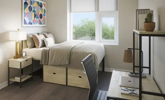 A fully furnished bedroom